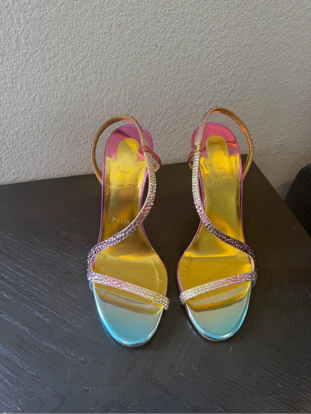 Christian Louboutin Gold and Pink Crystal Strappy Stiletto